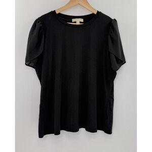 Michael Kors Black Knit‎ Top 2X Puff Chiffon Flutter Sleeve Blouse